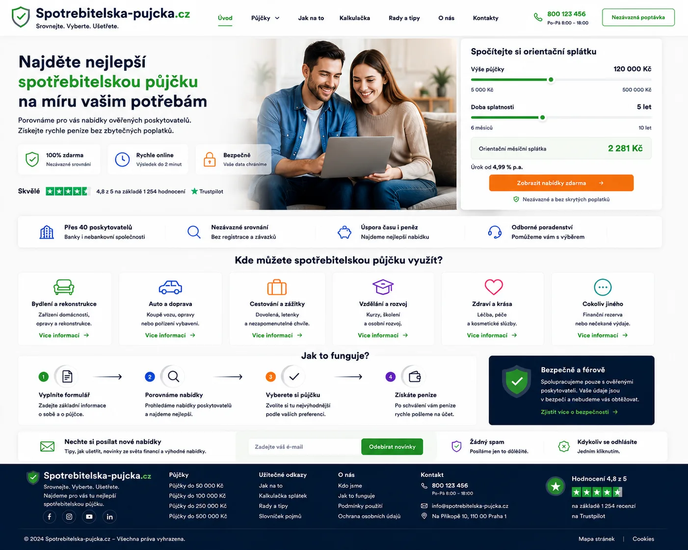 Ilustrační návrh webu Spotrebitelska-pujcka.cz pro srovnání spotřebitelských půjček s orientační kalkulačkou a přehledem možností